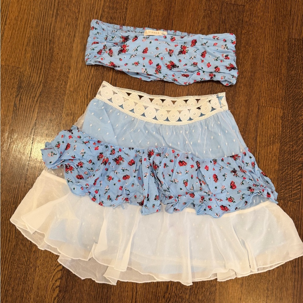 Floral Blue and White Skirt Set